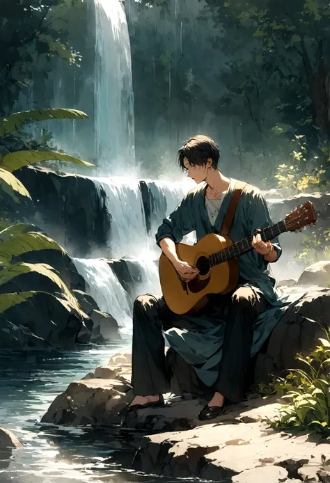 A boy is playing the guitar by a stream of river sitting on a rock. There is a waterfall from which the stream begins. There is wilderness