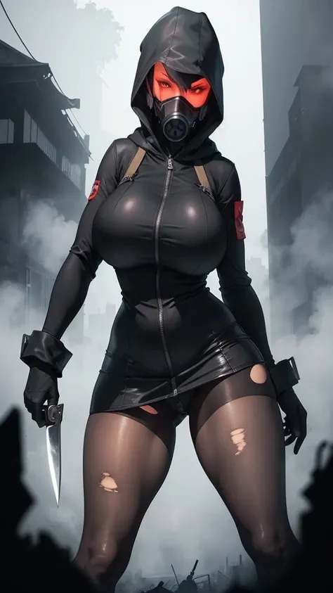 Silent hill city, fog, huge boobs, huge hips, darkness woman black hair, full zip coat black, long polo shirt, pencil mini skirt, pantyhose, hood, gloves, knife, fog, strong stance,