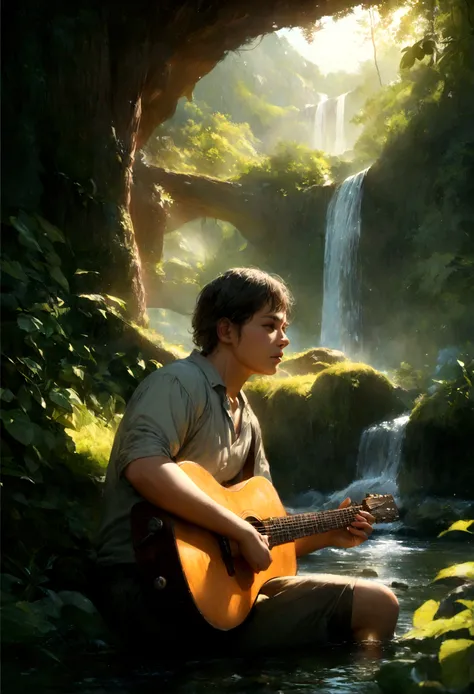 In the style of Studio Ghibli, a boy playing guitar by stream, waterfall, wilderness, realistic, photorealistic, 8k, ultra-detailed, extremely detailed, highly detailed, masterpiece, best quality, vivid colors, natural lighting, dramatic lighting, moody li...