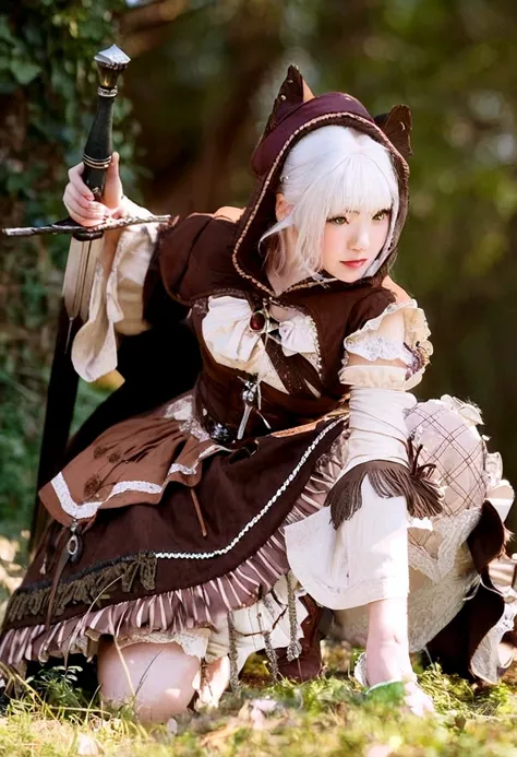 arafed woman in a brown and white outfit holding a sword, anime girl cosplay, anime cosplay, cosplay, cosplay photo, ornate cosplay, victorian gothic lolita fashion, fashionable rpg clothing, cosplayer, cosplay of a catboy! maid! dress, glamourous cosplay,...