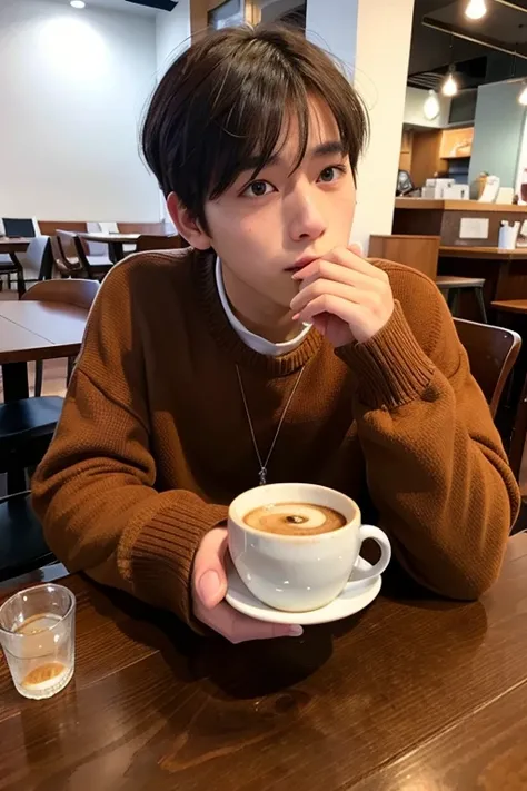 23 years old、Short hair、With bangs、Brown Hair、Slightly childish face、Deep-set eyes、Japanese、male。I would like a photo of someone sitting in a chair in a cafe drinking hot coffee taken from an angle.。Please make sure your mouth is slightly covered by the co...