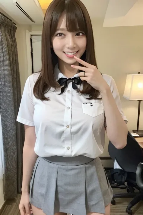 Gravure idol pose　Hotel　uniform　White clothes　high resolution　Not too small bust　Black Mini Skirt　Skirts should be shortened