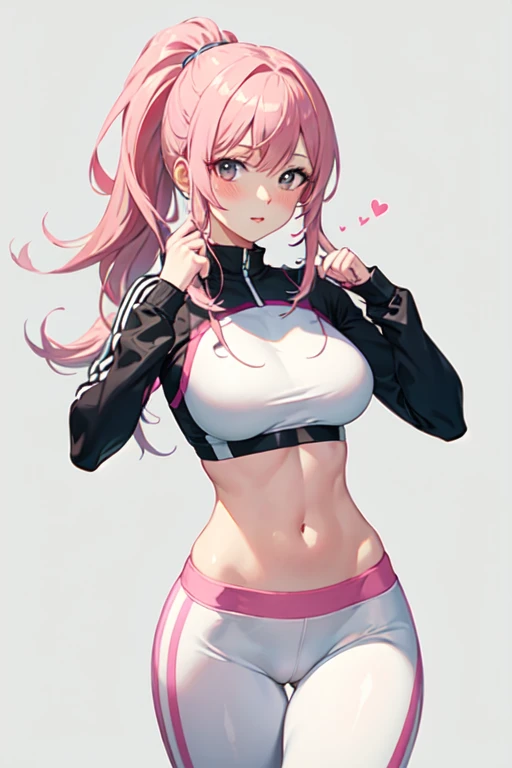 beautiful woman, ponytail pink hair, wear a white tight sport bra , tight pants , nice body , medium big breasts, blushing, embarrassing,high quality, detailed hands