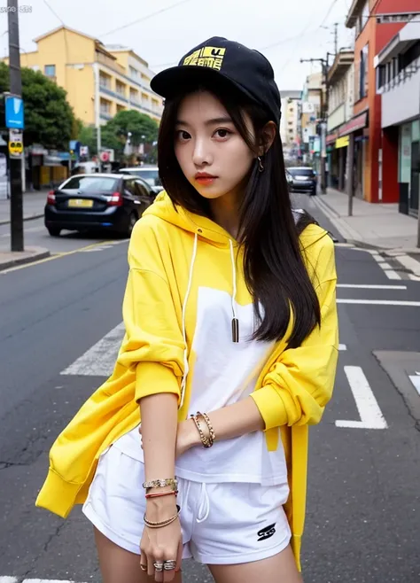 ((best quality)), ((masterpiece)), (detailed), perfect face, korean Girl ,20yo woman , wear yellow hoodie, white T-shirt underneath , wear black shorts, wear black cap, wearing luxury bracelets , standing position , sexy poses , on the side streets of town...