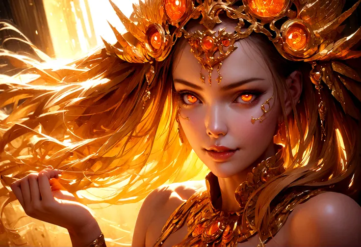 beautiful goddess, sensual lighting,sexy pose, erotic expression,realistic,lots of jewelry,orange glowing eyes, ultra-detailed, (beautiful detailed face and eyes and hair:1.1)