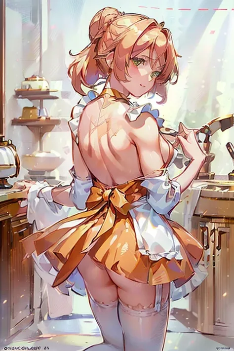 (A masterpiece of image quality in 8K),(Beautiful Allafed Woman),(((emphasizing breasts:1.1))),(Dynamic angles),(Dynamic and sexy bending pose:1.3),(sit a chair:1.1),(Short hair in shiny silver and orange inner colors,small full breasts,Disturbance of clot...