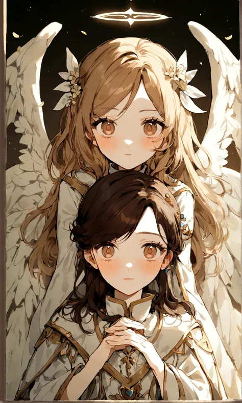 (brown hair swept bangs:1.3), (Daisaku),(Need),(Super meticulous),(full bodyesbian:1.2), there is a woman sitting on a bench with an angel wings on her head, angel-themed, wearing angel, angel themed, full - body majestic angel, dark angel of coffee, ellie...