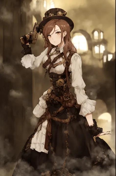 (Daisaku),(Need),(Super meticulous),(full bodyesbian:1.2), (hair swept bangs:1.3) (brown hair:1.3), araffe dressed in a steam punk outfit and hat holding a gun, steampunk aesthetic, steampunk clothes, magic and steam - punk inspired, in detailed steampunk ...