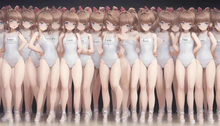 Short stature,flat chest, clone girls, brown hair, blue eyes,roll(mega man classic) clones,swimsuit roll(mega man x dive old design) clones,high ponytail hair,Sleeveless white one piece school swimsuit with blue stripes from armpit to flank,white name tag,...