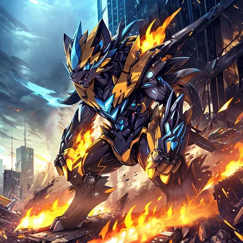 Massive mechanical zeraora rampage through a city, crushing buildings and vehicles beneath their unstoppable metal frames,
masterpiece, official art, 8k, best quality, highly detailed, terrifying and imposing design, each creature with its own unique abili...