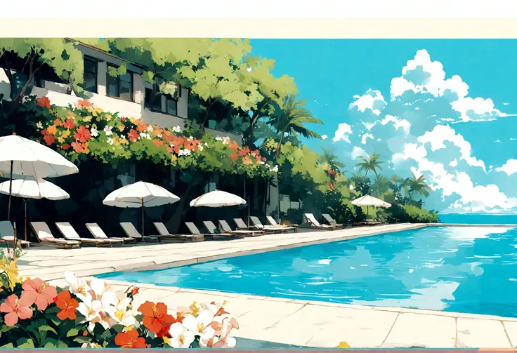 High definition,8K若いmale,landscape,A worldview similar to A Long Vacation,Tropical mood,Poolside,flower,green、pink、white,夏の西海岸やPoolsideをモチーフ夏の西海岸やPoolsideをモチーフ,An illustration,pastel colour,You can see the ocean,Pop Art、Anime-like,male、Beach chair looking ...