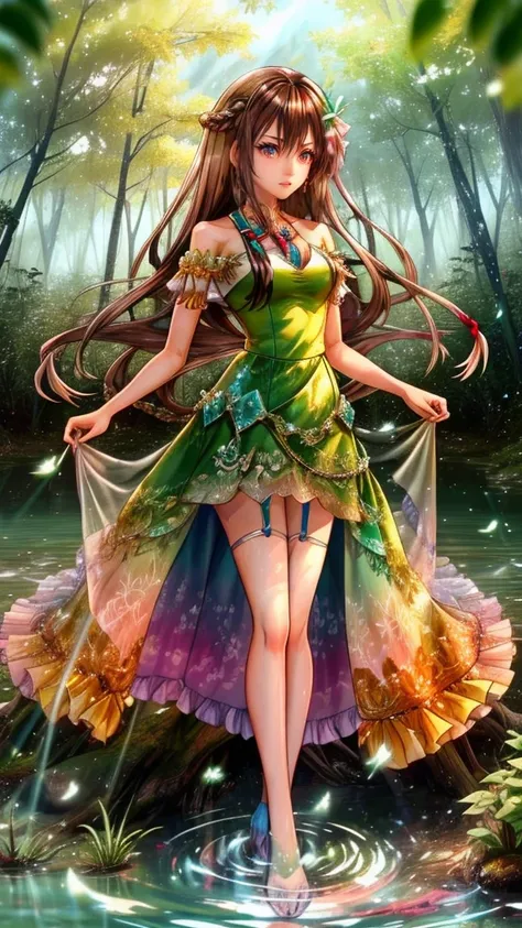 create a mystic fairy with brown hair in dreadlock style wearing green leaf dress she standing in water and in her background ar...