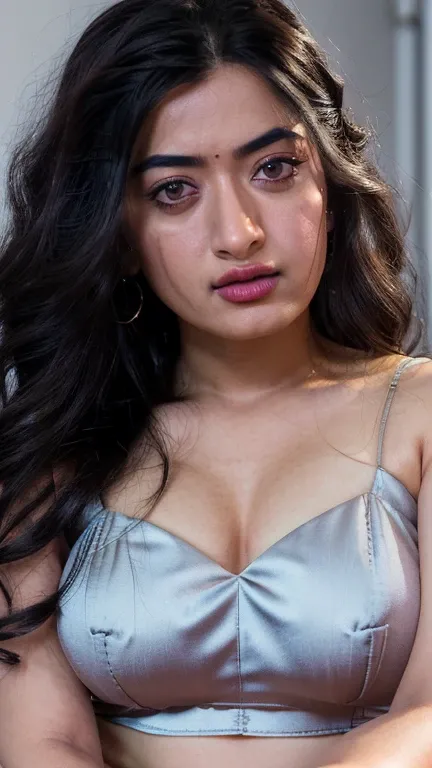  Rashmika mandanna, noke make up, closeup bustshot, ((free shaggy hair)),(selfie style), ((tall body)),(( looking at viewer)),((big cheeks)),30 year old woman,1woman,solo,breasts,(fleshy face),long hair,cleavage,black hair,navel,midriff,nico robin, bedroom...