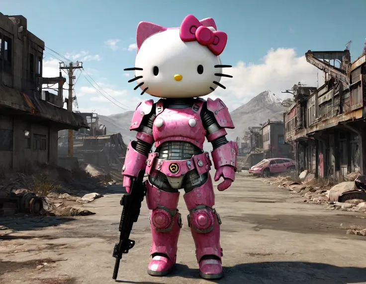 high resolution, high quality , masterpiece. hello kitty in brotherhood of steel power armor, recognizable pink bow, anime-post-...