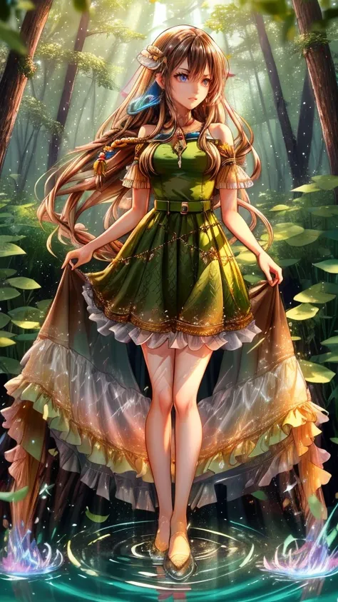 create a mystic fairy she look at us and wearing her long brown hair in dreadlock style, wearing green leaf dress, she standing ...