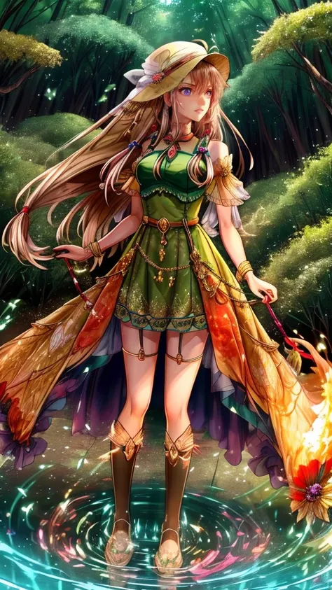 create a mystic fairy she look at us and wearing her long brown hair in dreadlock style, wearing green leaf dress, she standing ...