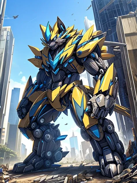 Massive mechanical zeraora rampage through a city, crushing buildings and vehicles beneath their unstoppable metal frames, masterpiece, official art, 8k, best quality, highly detailed, terrifying and imposing design, 
high-tech bio-mecha armor, metallic, r...