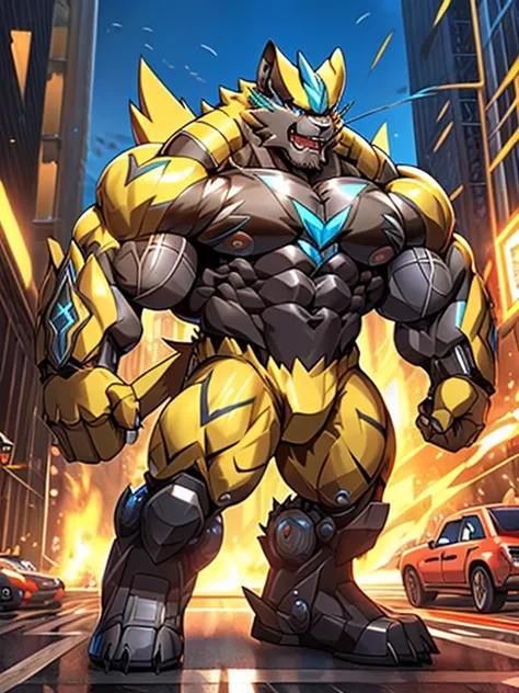 massive mechanical zeraora rampage through a city, crushing buildings and vehicles beneath their unstoppable metal frames, maste...