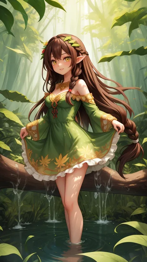 create a mystic fairy she look at us and wearing her long brown hair in dreadlock style, wearing green leaf dress, she standing ...