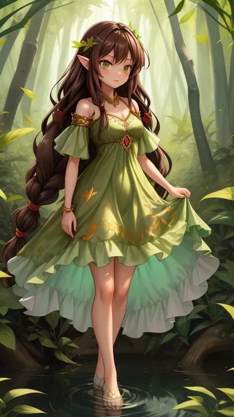 create a mystic fairy she look at us and wearing her long brown hair in dreadlock style, wearing green leaf dress, she standing ...