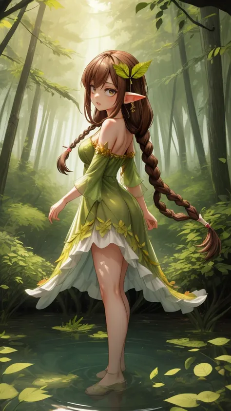 create a mystic fairy wearing long brown dreadlock style hair, wearing green leaf dress, she standing in water and in her backgr...