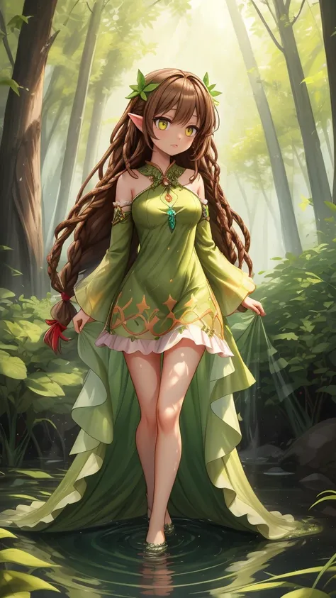 create a mystic fairy wearing long brown dreadlock style hair, wearing green leaf dress, she standing in water and in her backgr...