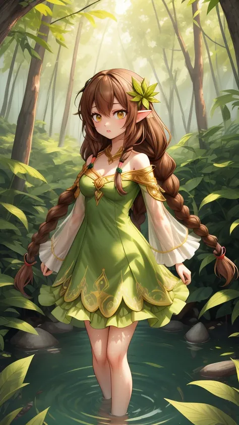 create a mystic fairy wearing long brown dreadlock style hair, wearing green leaf dress, she standing in water and in her backgr...