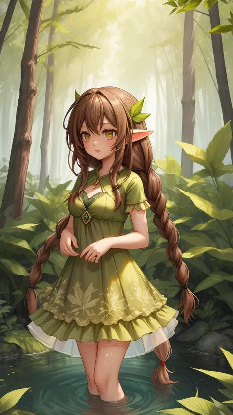 create a mystic fairy wearing long brown dreadlock style hair, wearing green leaf dress, she standing in water and in her backgr...