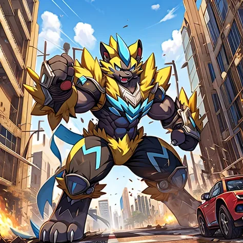 massive armor zeraora rampage through a city, crushing buildings and vehicles beneath their unstoppable metal frames,