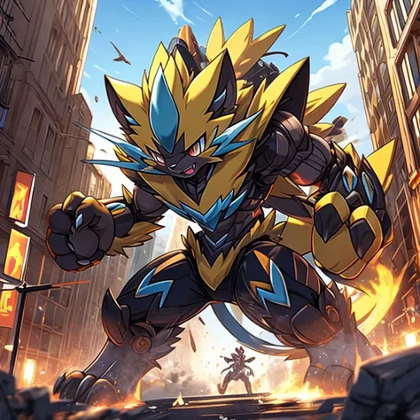 giant powered exoskeleton with the same design as zeraora rampage through a city,