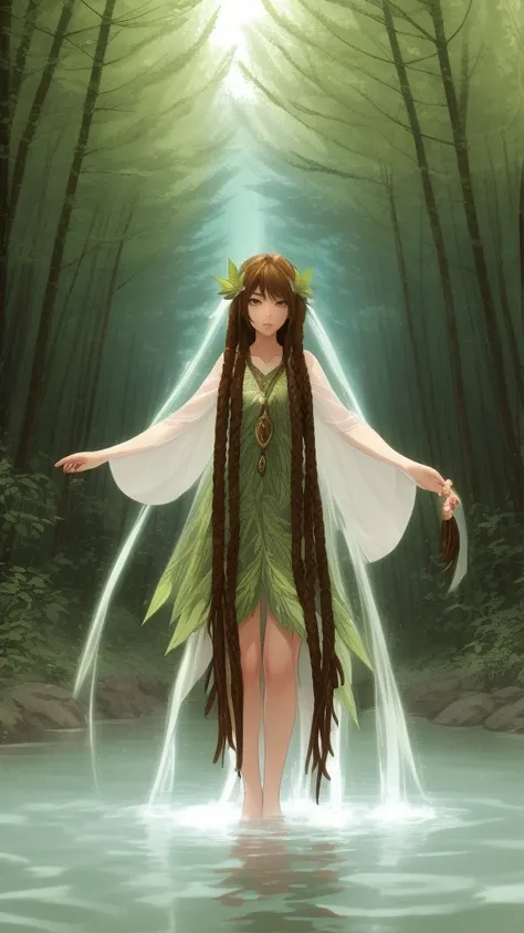 create a mystic fairy wearing long brown dreadlock style hair, wearing green leaf dress, she standing in water and in her backgr...