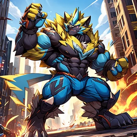 gigantic muscles Powered exoskeleton with the same design as Zeraora rampage through a city, Pisoteie a cidade.
