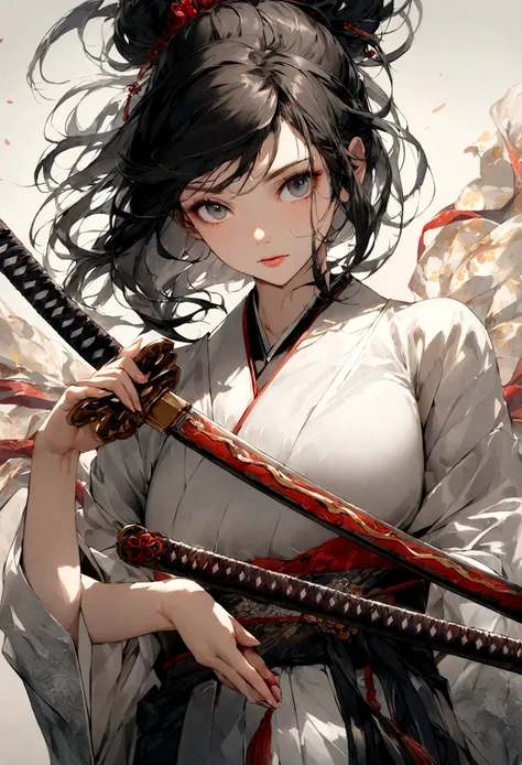 High-resolution, photographic portrait of a beautiful Japanese woman dressed as a skilled swordsman. She stands confidently with a traditional katana in hand, her elegant yet fierce demeanor captivating the viewer. Her attire consists of a traditional haka...