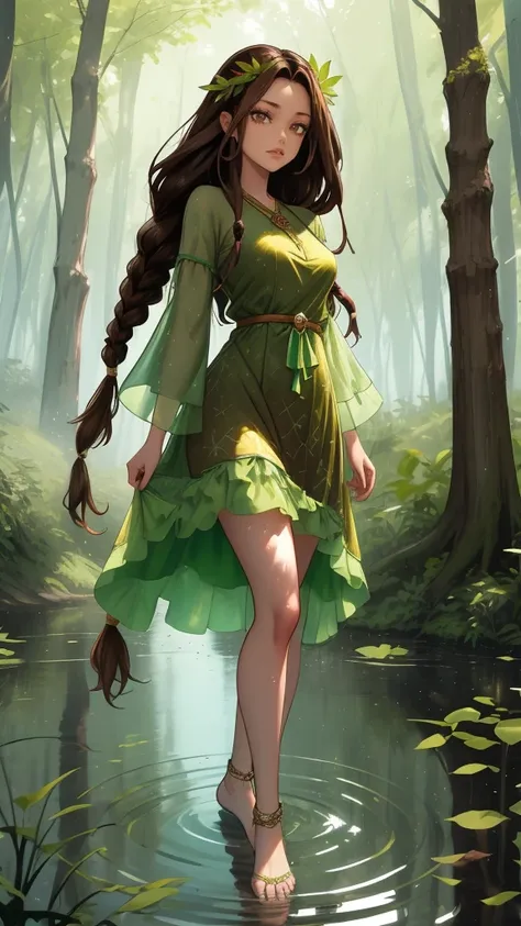 Create a mystic Fairy she look at us and wearing her long brown hair in dreadlock style, wearing green leaf dress, she standing in water and in her Background are Fire and forrest