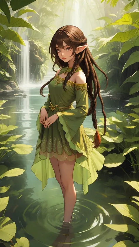 create a mystic fairy she had long brown hair in dreadlock style, wearing green leaf dress, she standing in water and in her bac...