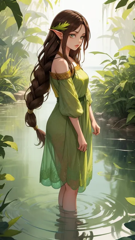 create a mystic fairy she had long brown hair in dreadlock style, wearing green leaf dress, she standing in water and in her bac...