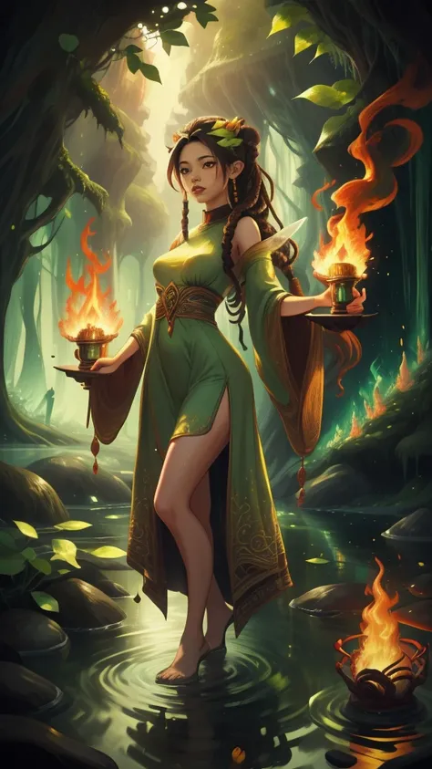 create a mystic fairy she had long brown hair in dreadlock style, wearing green leaf dress, she standing in water and in her bac...