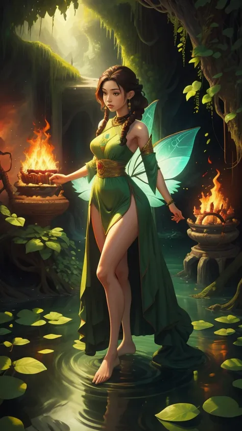 Create a mystic Fairy she had long brown hair in dreadlock style, wearing green leaf dress, she standing in water and in her Background are Fire 