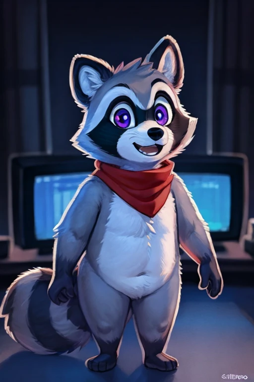 rambley racoon is a short little raccoon mascot, he lives inside of networks and code, making his appearances on tv screens and ...