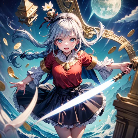 Aqua blue hair、Golden Eyes、Braid、One good looking girl、solo、anime、Checkered mini skirt、Ruffles on the skirt、Red T-shirt、Cape、Gothic、Black knee-high socks、bandana、Fluffy clothes、Wearing a ribbon、Ribbon on waist、Tilting face、Teeth are visible、Sunset sky、Pier...