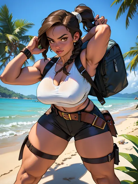 1 girl. lara croft slim, largl breasts, toned, athletic. brown hair in a long braided ponytail, brown eyes, wearing lara croft c...