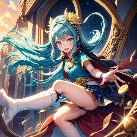 Aqua blue hair、Golden Eyes、Braid、One good looking girl、solo、anime、Checkered mini skirt、Ruffles on the skirt、Red T-shirt、Cape、Gothic、Black knee-high socks、bandana、Fluffy clothes、Wearing a ribbon、Ribbon on waist、Tilting face、Teeth are visible、Sunset sky、Pier...