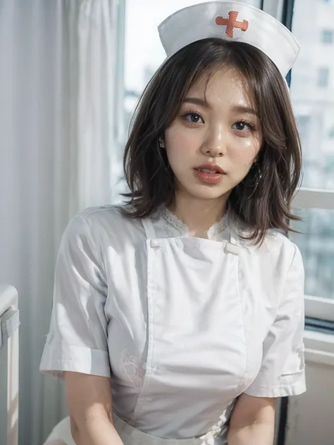 (highest quality、8k、best image quality)、woman, 20-year-old, short black wavy hair、((wearing a pure white nurse uniform:1.5))、((s...