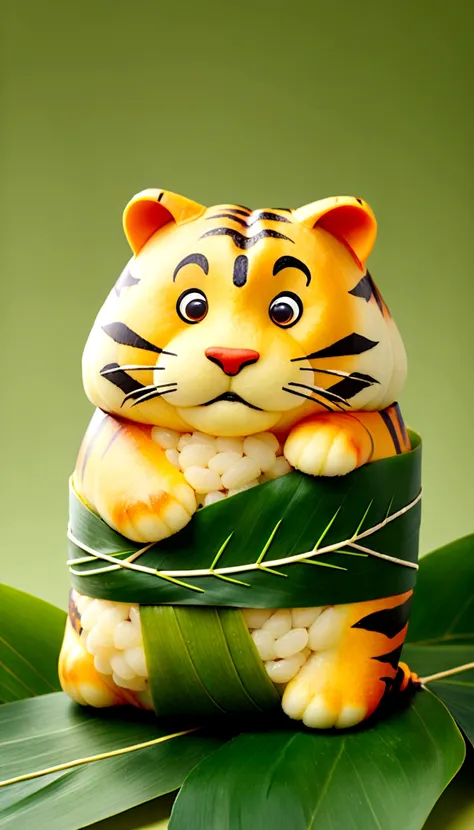 A tiger-shaped rice dumpling, zoingzi, Glutinous rice texture, Light yellow, (((the lower half of the body is wrapped in tapered leaves))), made of glutinous rice, has a cute expression, the head sticking out of the leaves, equidistant, cartoon-style, Macr...