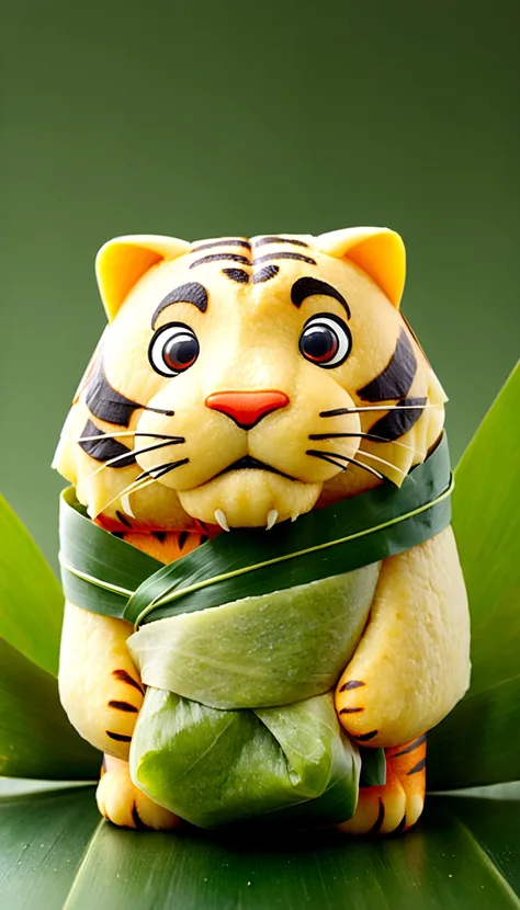 A tiger-shaped rice dumpling, zoingzi, Glutinous rice texture, Light yellow, (((the lower half of the body is wrapped in tapered leaves))), made of glutinous rice, has a cute expression, the head sticking out of the leaves, equidistant, cartoon-style, Macr...