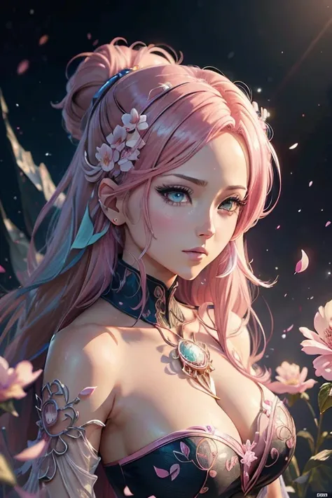 close-up of a woman with pink hair and flowers, detailed digital anime art, intricate ornate cgi style anime, 8k high quality detailed graphics, Highly detailed 4k digital art, Detailed 4K digital art, Beeple and Jeremiah Ketner, anime fantasy illustration...