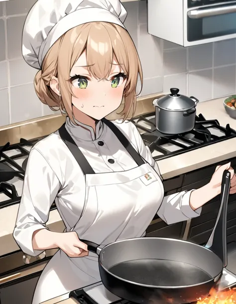 Lunch Time、The kitchen is as busy as a battlefield.。A female cook was busy working with a stern look on her face.、Standing in front of the stove with a frying pan in hand。She is wearing a white chef&#39;s coat、Wearing a long chef&#39;s hat、Her short hair i...