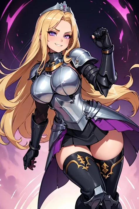 female, blonde long hair, purple eyes, (((1girl))), (((metal breastplate))), (metal gauntlets), (metal heeled boots), (purple skirt), (black thigh high socks), (metal knights helmets), cute and sexy, big breasts, big butt, full body, long legs, smiling