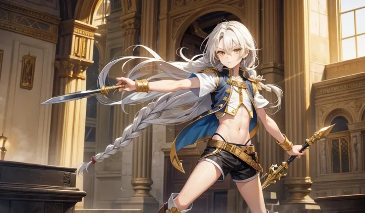 Twelve-year-old boy with long white hair and golden eyes，Single twist braid，flat chest，Very slim figure，Short sleeve vest，Bare waist，Thin legs，shorts，boots，spear，medieval city