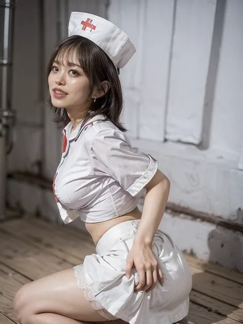 (highest quality、8k、Best image quality)、woman, 20-year-old, Short black wavy hair、((Wearing a white nurses uniform:1.5))、((Wearing a tight white skirt:1.5))、((Are thin))、((from the back))、Cute Smile、((Poses that accentuate the buttocks、looked back))、Sexy H...